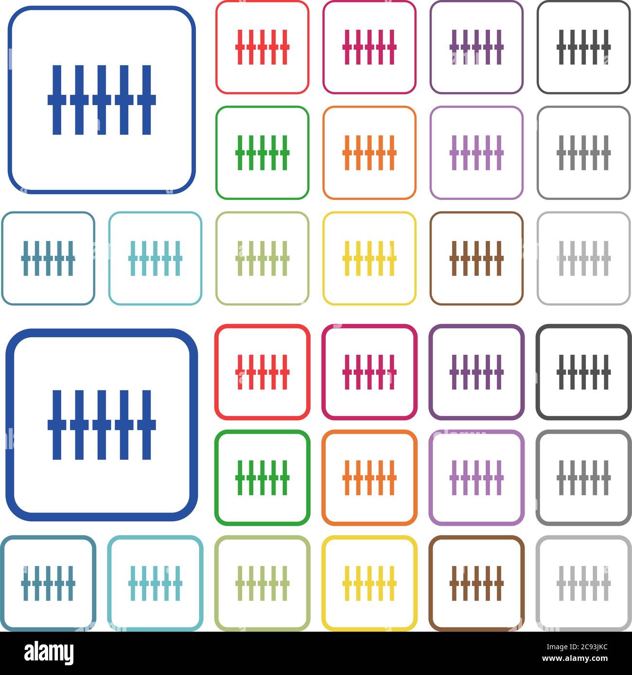 Graphical equalizer color flat icons in rounded square frames. Thin and thick versions included. Stock Vector