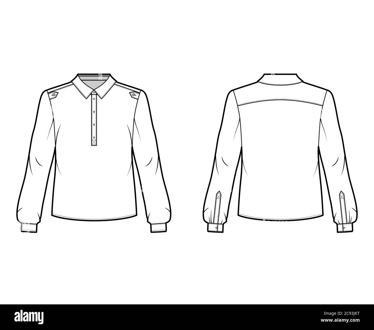 Henley shirt technical fashion illustration with buttoned placket ...