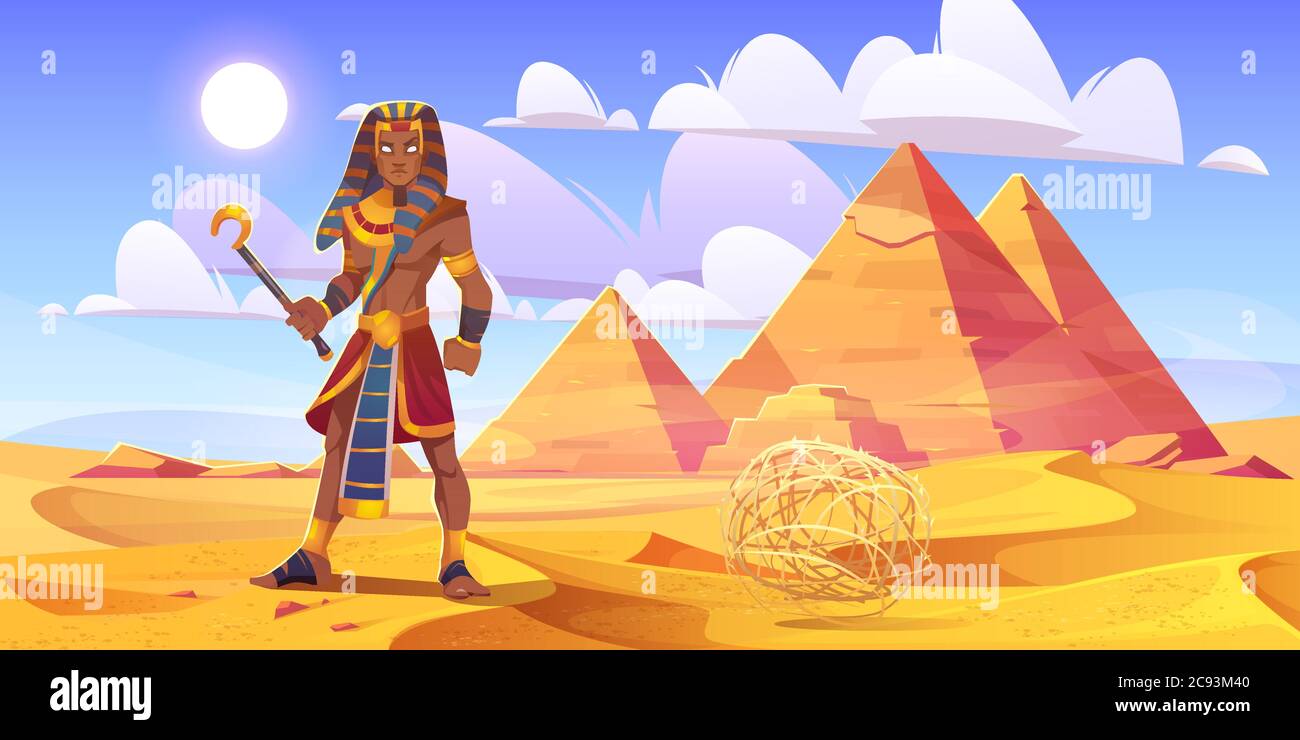 Ancient Egyptian Pharaoh With Rod In Desert With Pyramids Vector