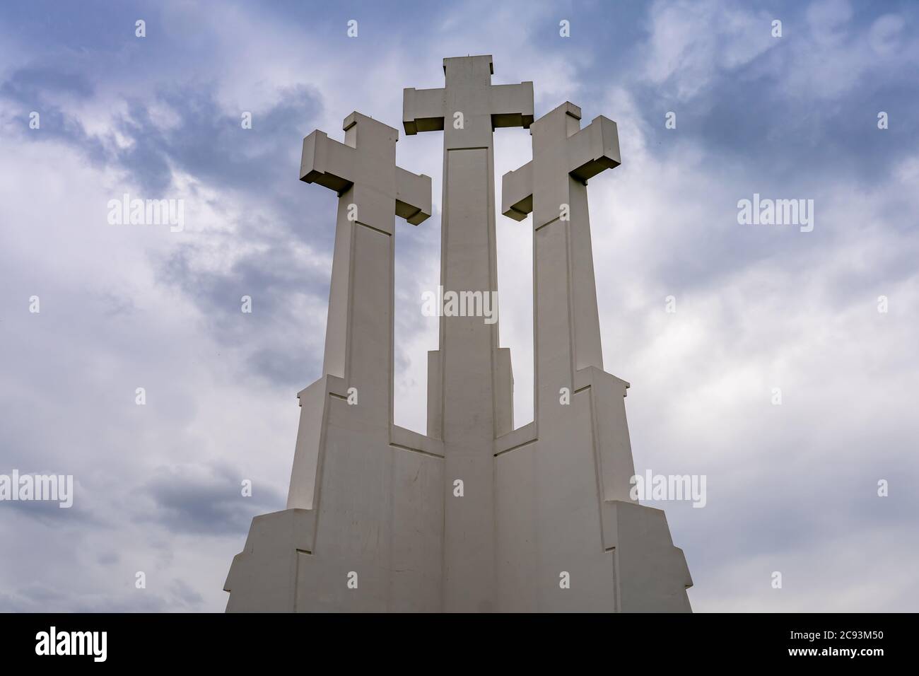 Three Crosses, a prominent monument in Vilnius, Lithuania, on the Bald Hill in Kalnai Park. According to a legend, seven Franciscan friars were behead Stock Photo