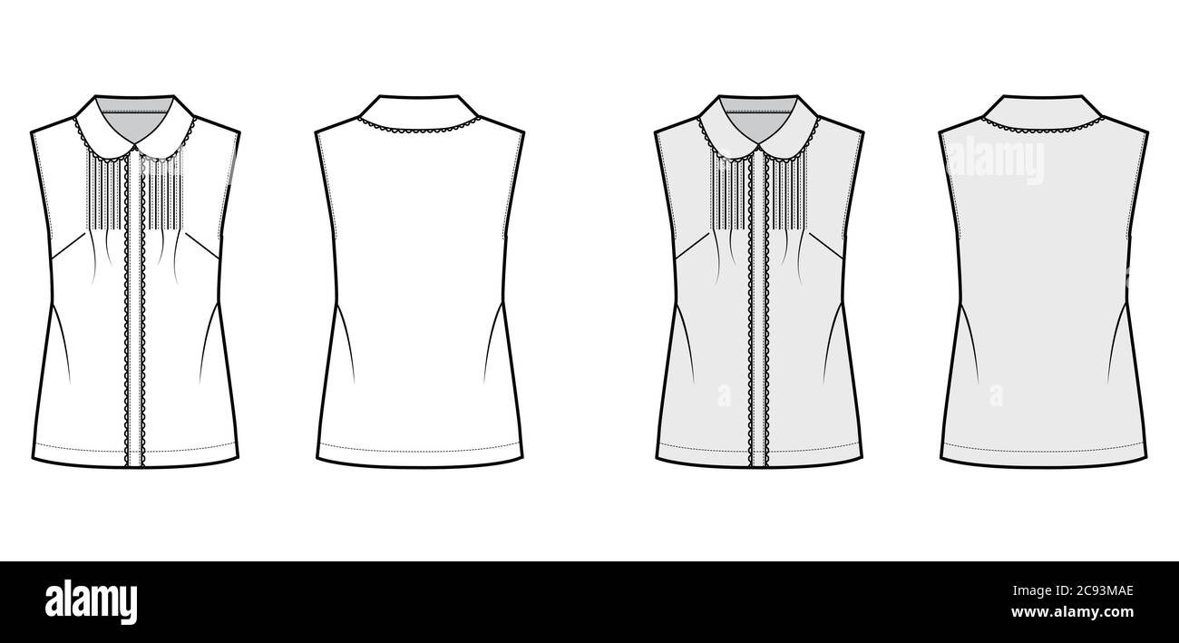 Pintucked blouse technical fashion illustration with round collar, scalloped lace, sleeveless, loose silhouette. Flat shirt apparel template front back white grey color. Women, men unisex top mockup Stock Vector