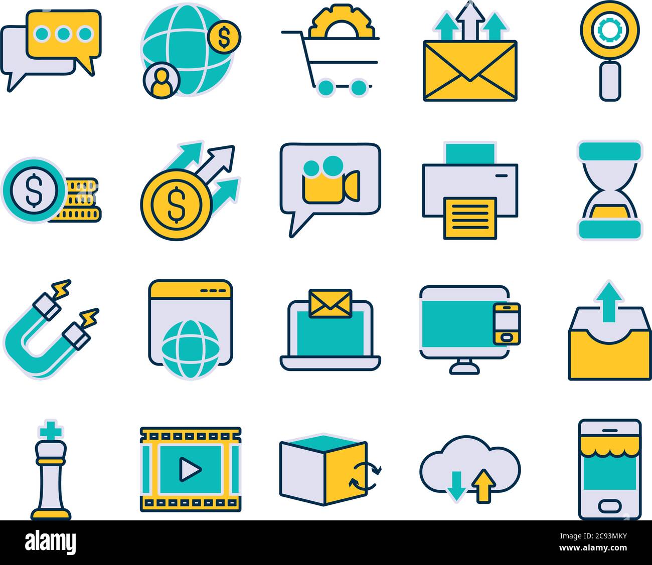icon set of computer and marketing concept over white background, line ...