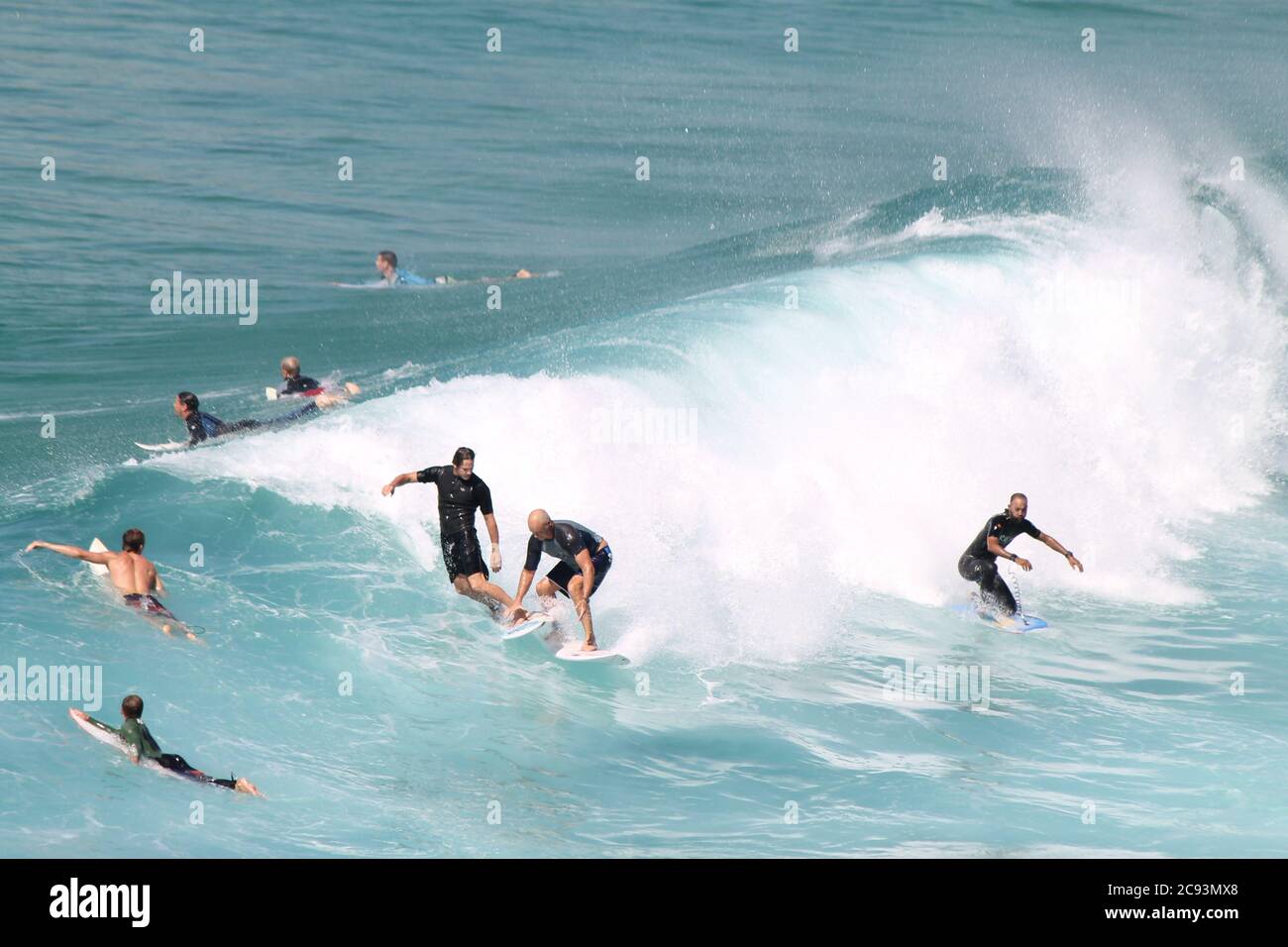 MAROUBRA, AUSTRALIA - Oct 06, 2015: Conflict between 2 surfers on the Australian wave of Maroubra beach Stock Photo