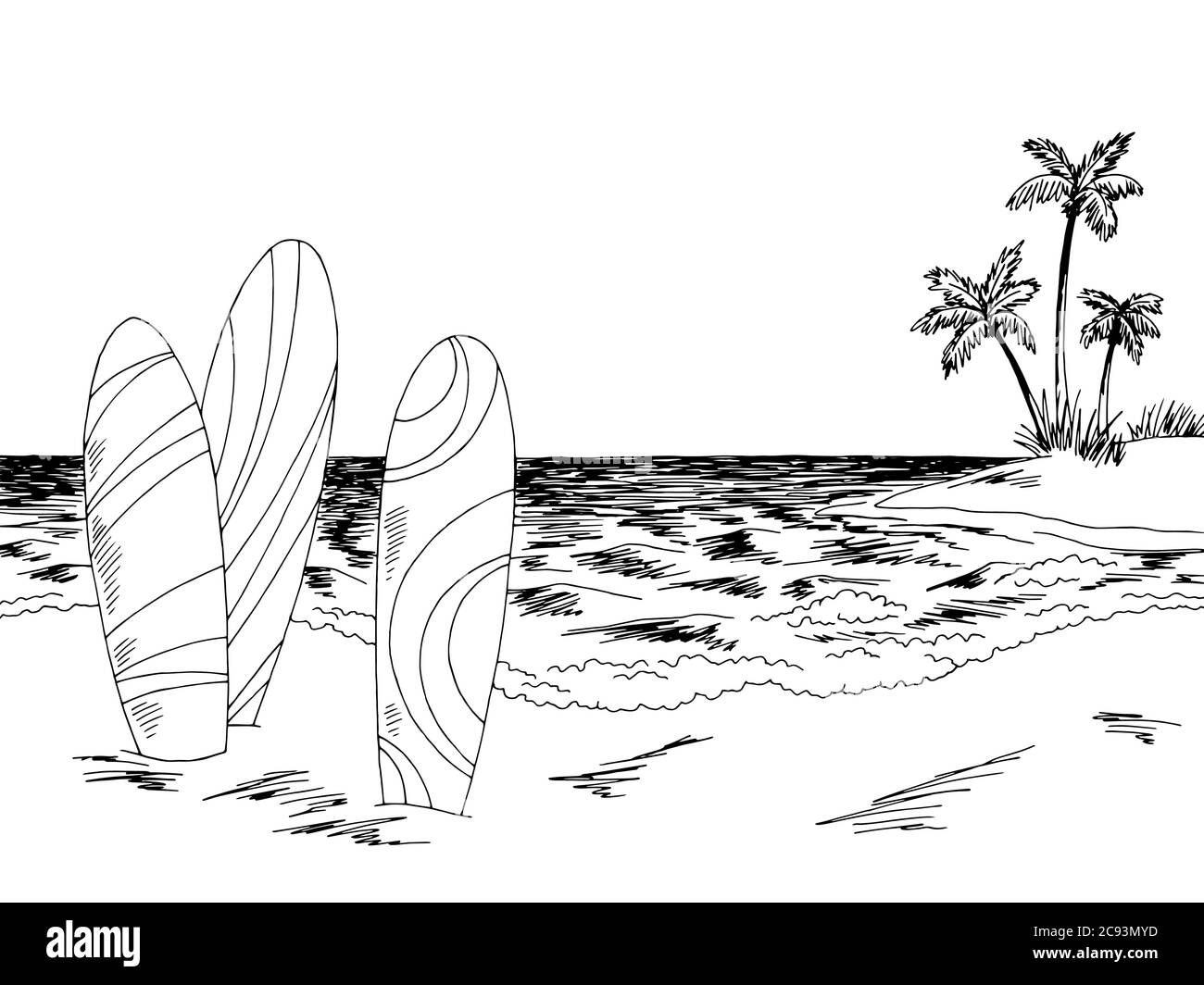 Surfboard sea coast graphic beach black white landscape sketch