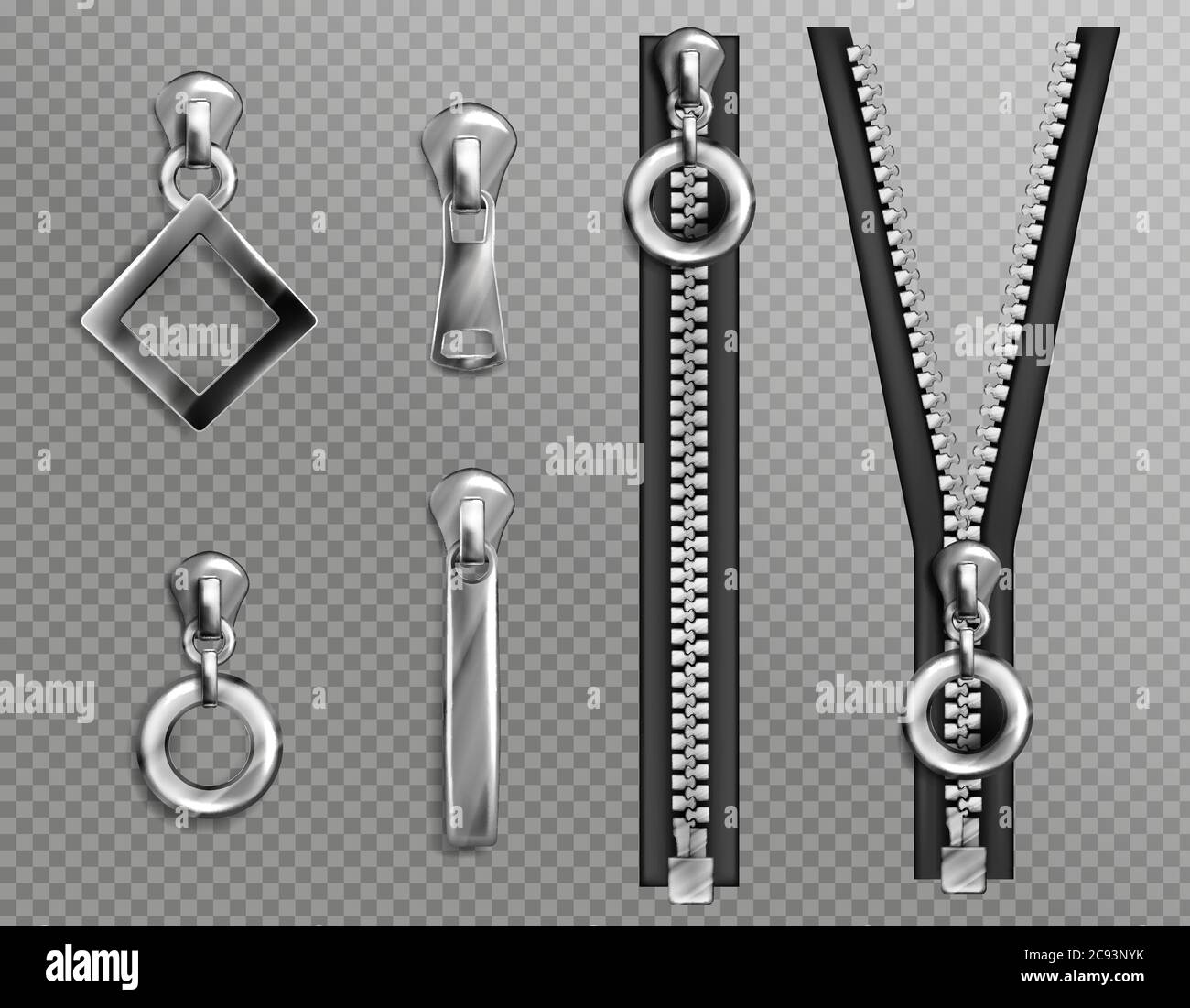 Metal zip fasteners, silver zippers with differently shaped puller and open or closed black fabric tape, clothing hardware isolated on transparent background, Realistic 3d vector illustration, set Stock Vector