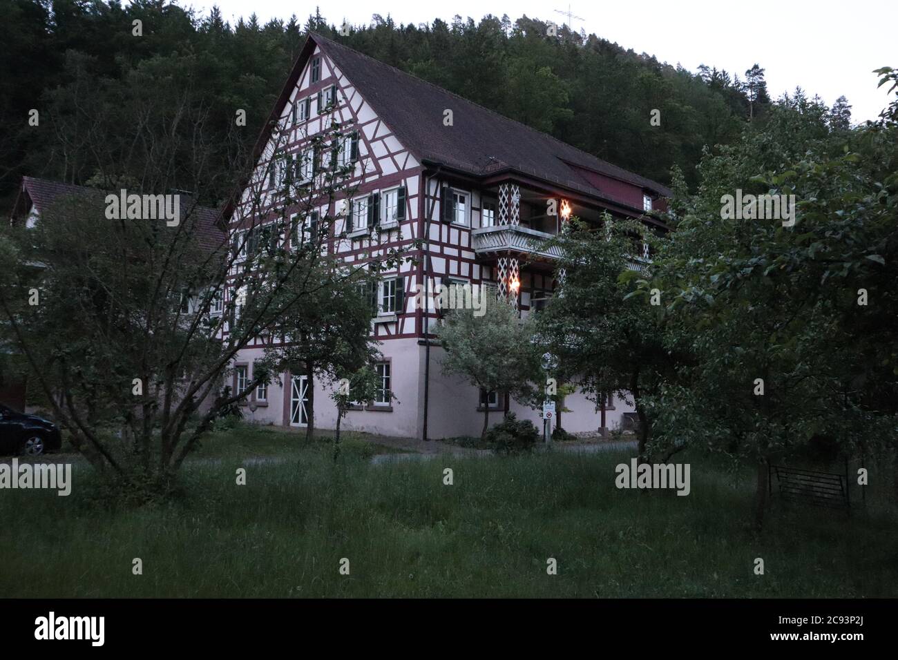 Bad Liebenzell, Baden-Württemberg/ Germany - June 01 2019: Half-timbered Hotel located in a park area of town Bad Liebenzell, Germany ('Thermen Hotel' Stock Photo