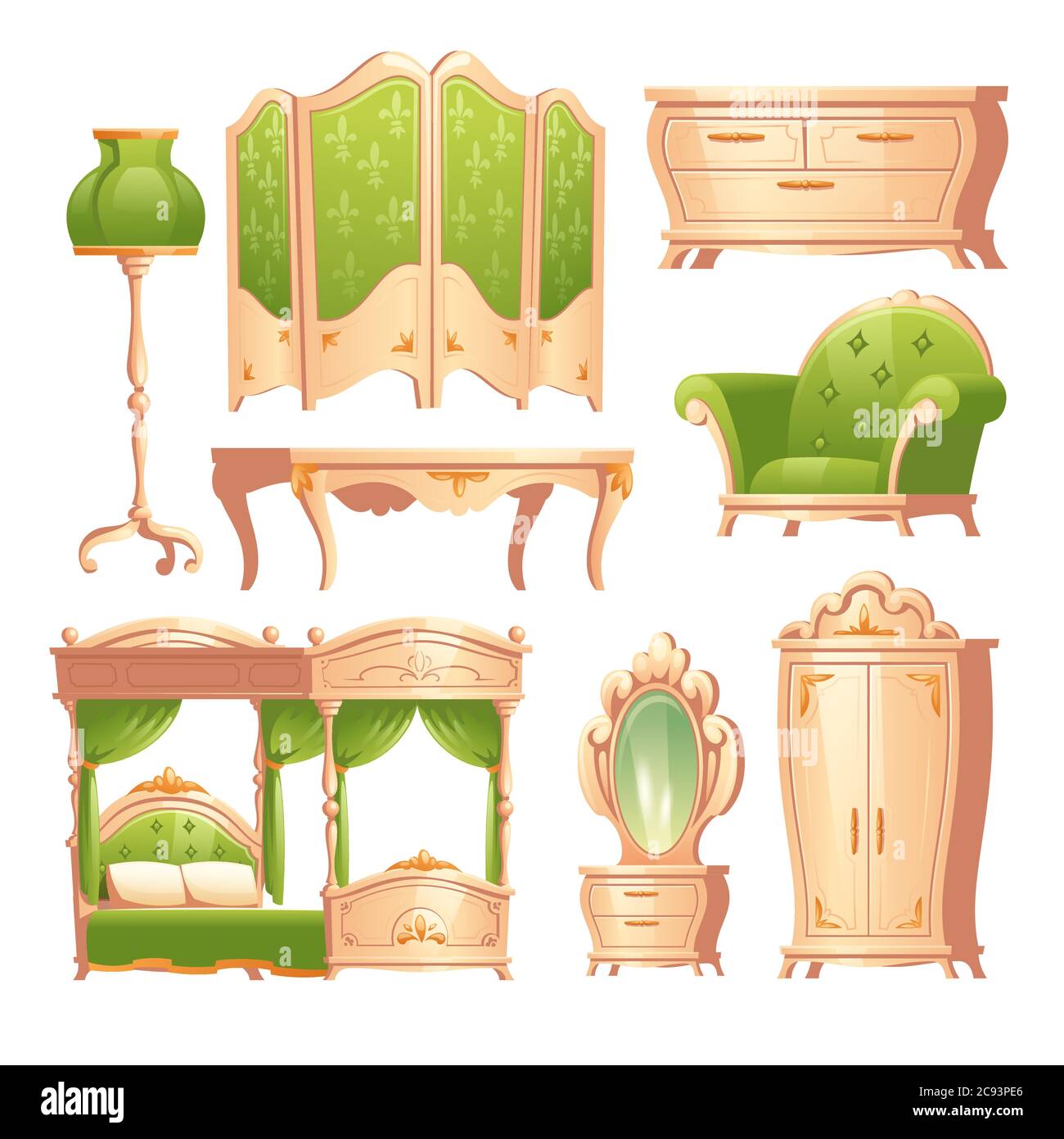 Luxury baroque interior, romantic vintage bedroom old furniture bed with canopy, folding screen and floor lamp, wardrobe, mirror, table and armchair with chest of drawers, isolated cartoon vector set Stock Vector