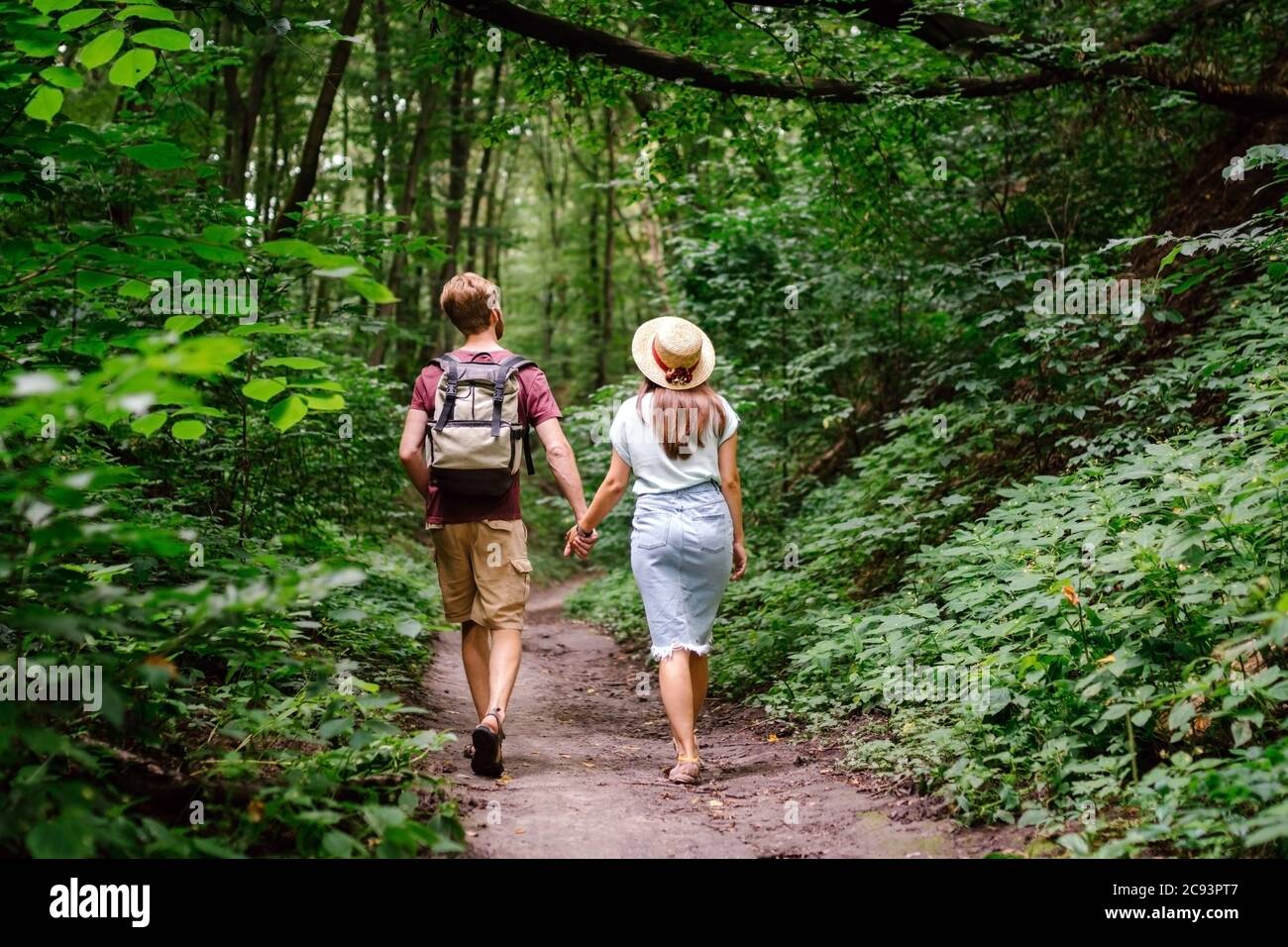 Couple holding hands walking in forest, back view. Adventure, travel