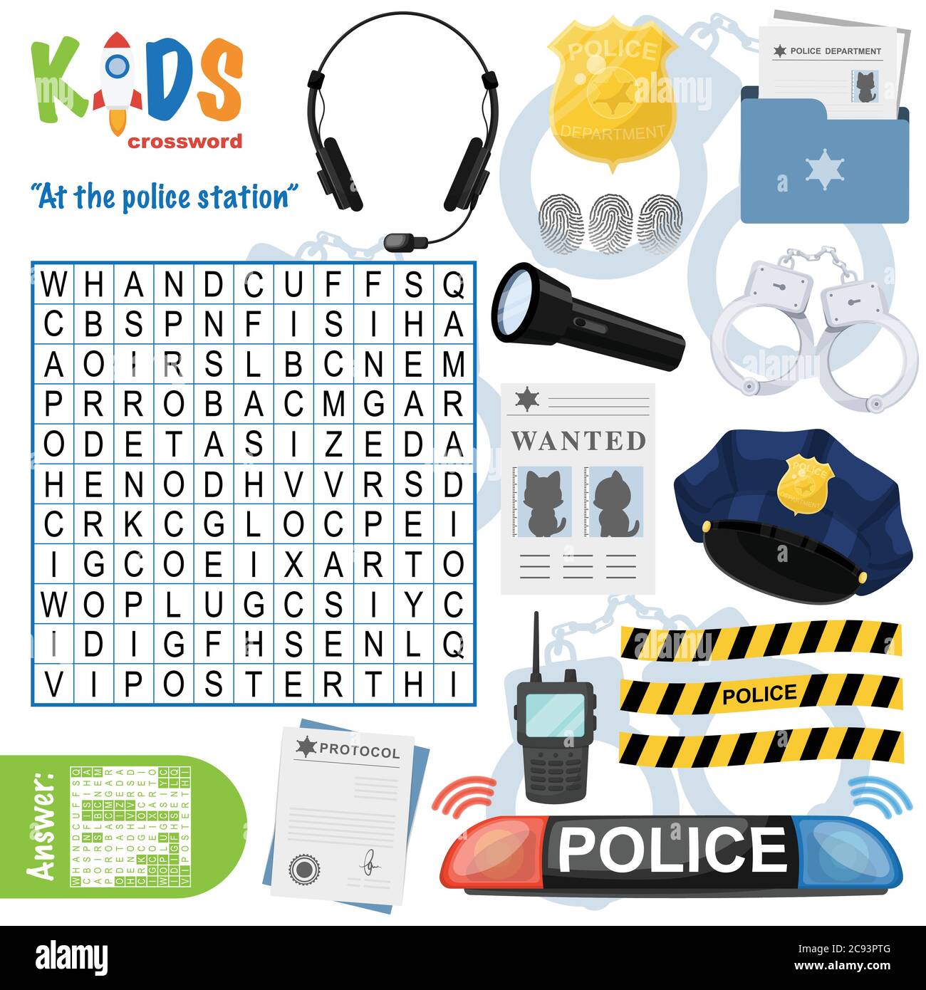 Easy word search crossword puzzle 'At the police station', for children in elementary and middle school. Fun way to practice language comprehension an Stock Vector