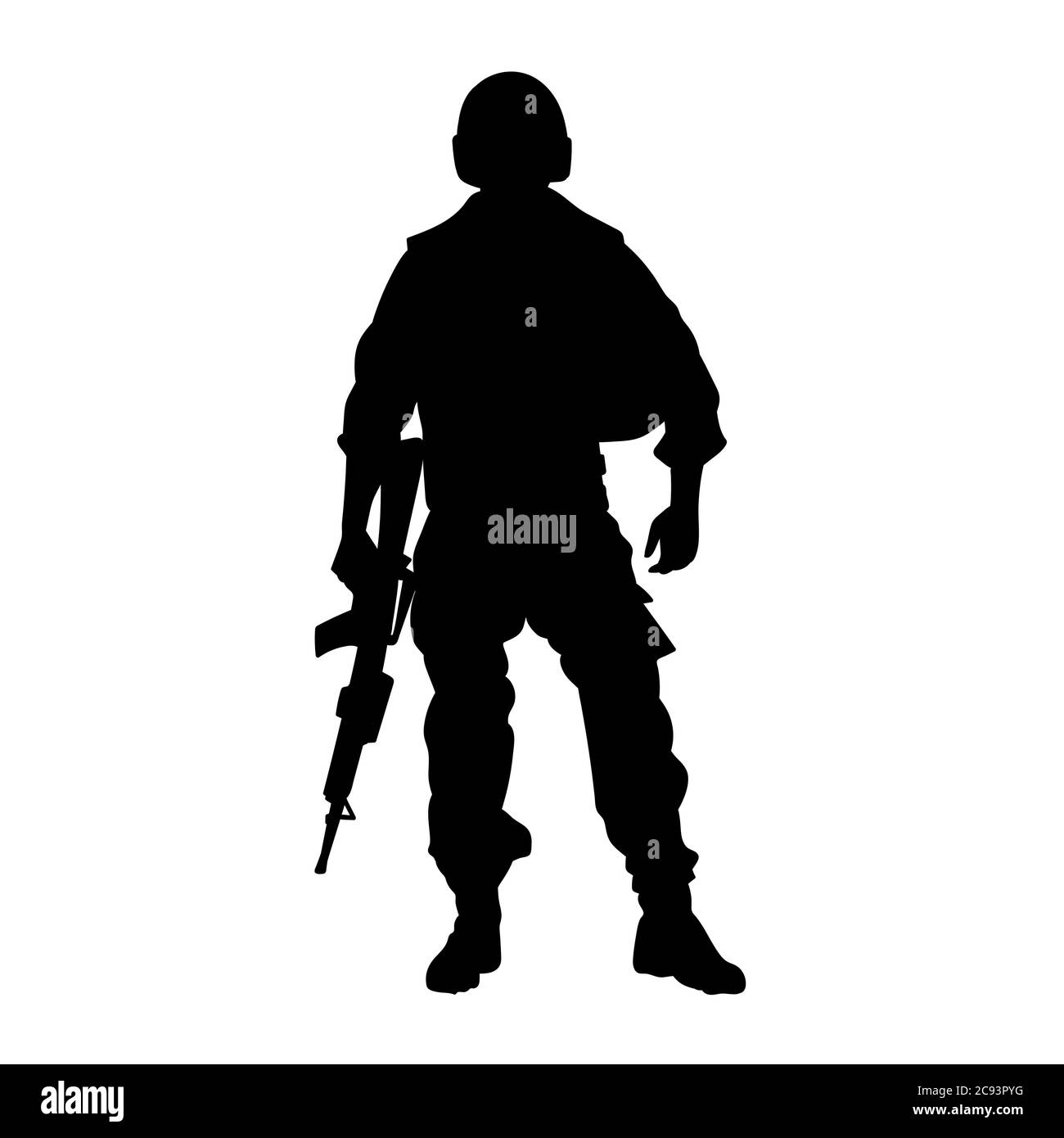 Soldier with an assault rifle is standing, silhouette Stock Vector