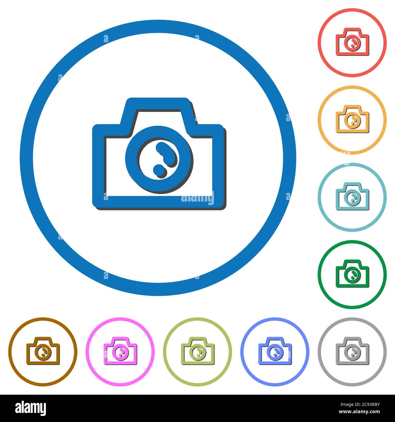Camera flat color vector icons with shadows in round outlines on white ...