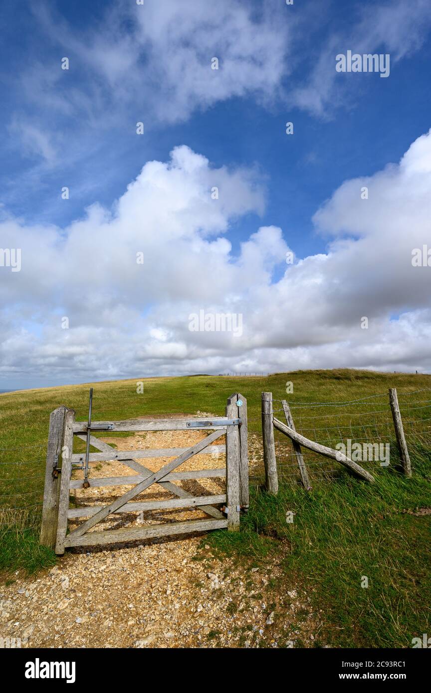 South Downs National Park, Sussex, UK near Firle Beacon. A gate and fence on the route of the South Downs Way. Stock Photo