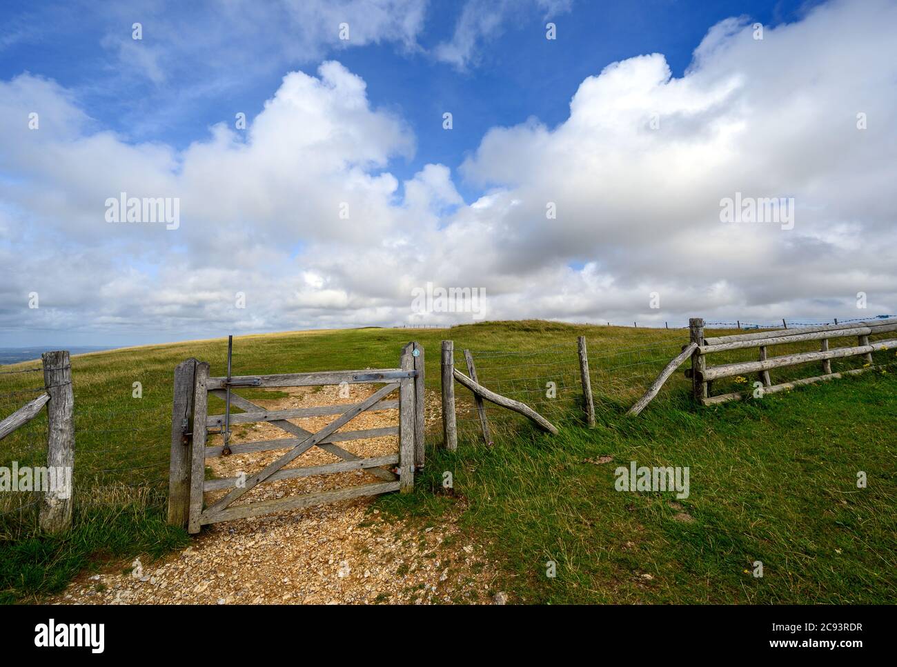 South Downs National Park, Sussex, UK near Firle Beacon. A gate and fence on the route of the South Downs Way. Stock Photo
