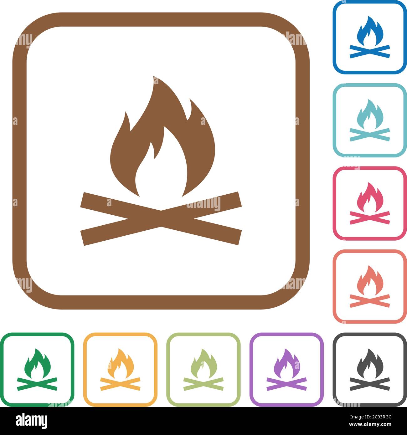 Camp fire simple icons in color rounded square frames on white background Stock Vector