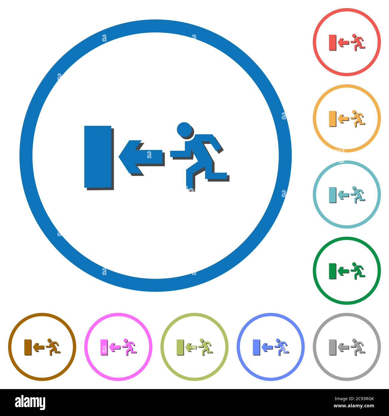 Exit sign flat color vector icons with shadows in round outlines on