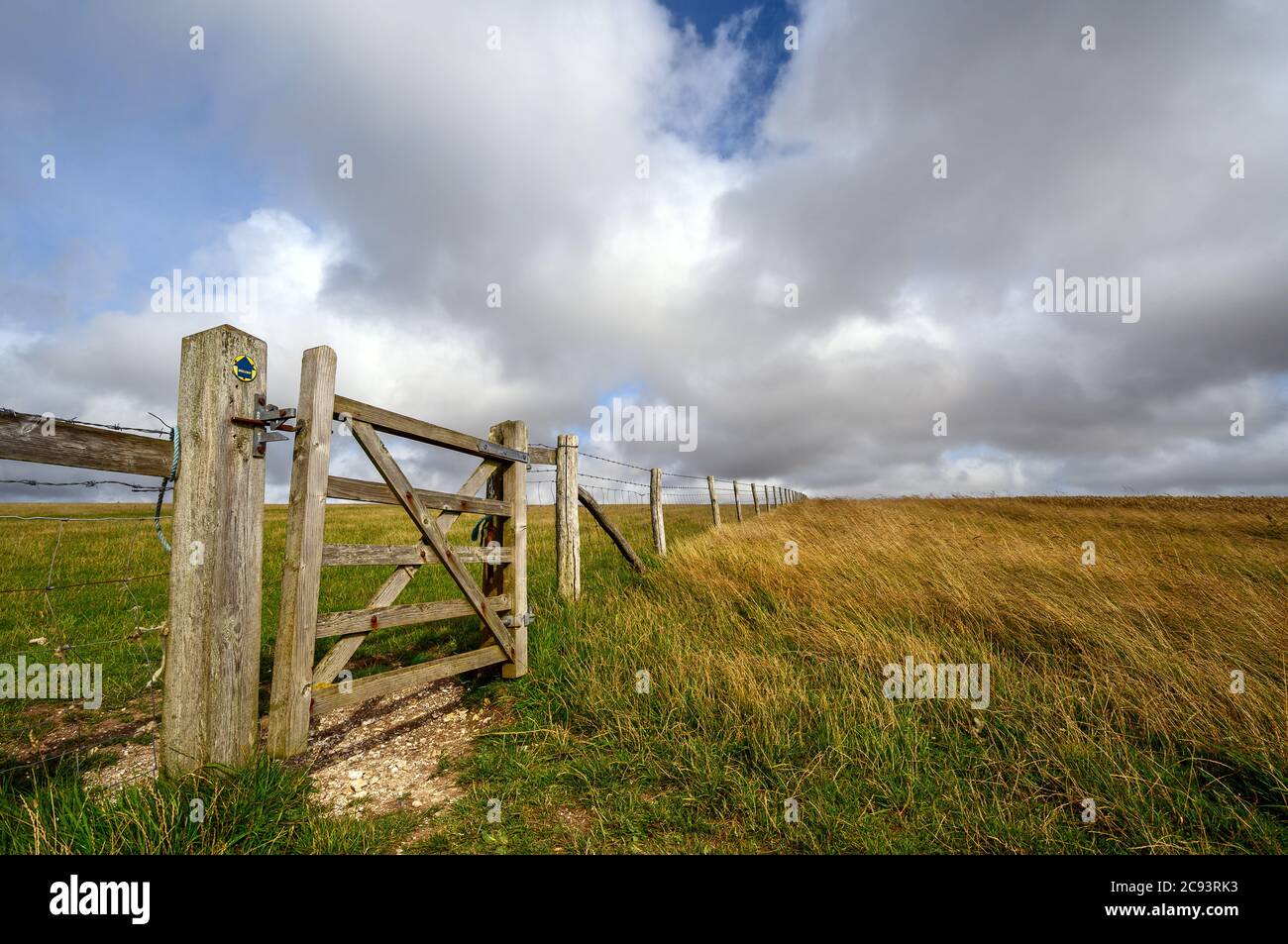South Downs National Park, Sussex, UK near Firle Beacon. A gate and fence on a bridleway near the summit of Firle Beacon. Stock Photo