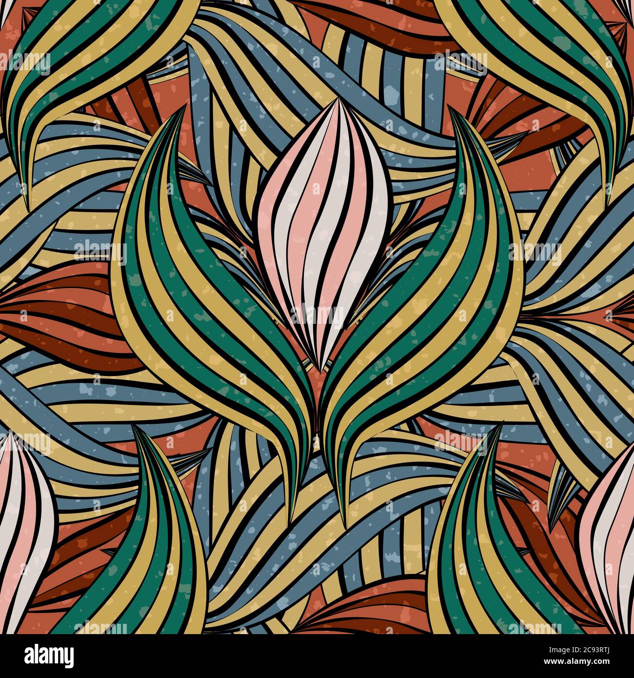 Linocut style leaves botanical seamless vector pattern background. Backdrop of green, mustard yellow, pink overlapping organic foliage. Hand drawn Stock Vector