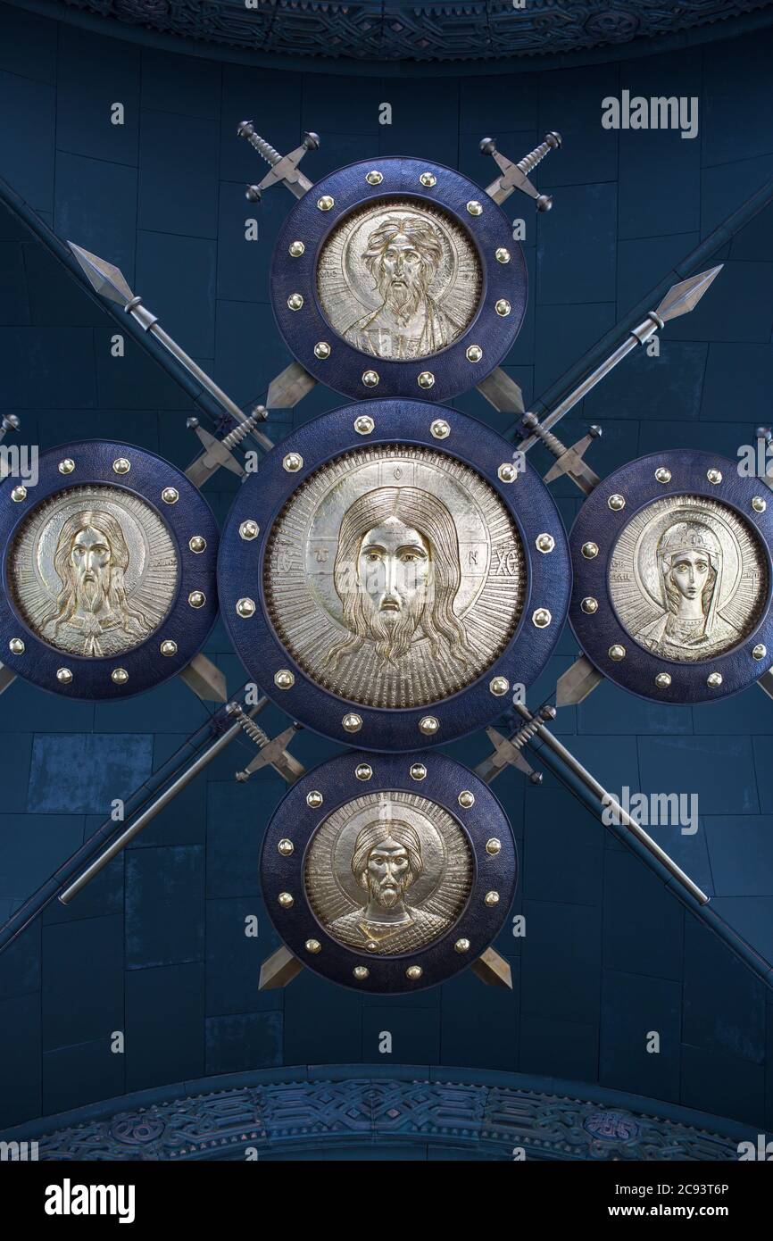 Low angle view of ceiling decoration of Main temple of Russian Armed forces, Kubinka, Moscow region. Stock Photo