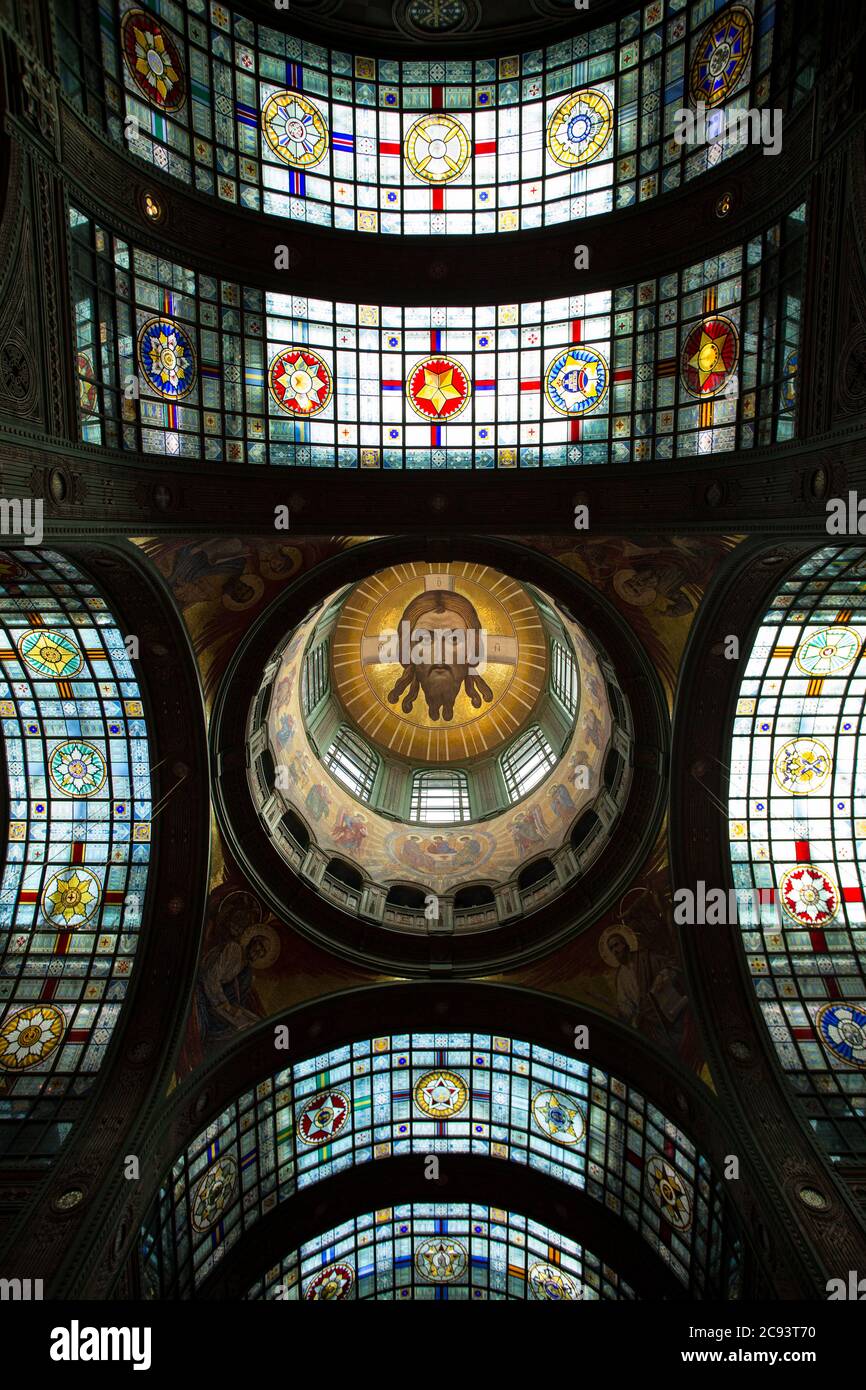 Low angle view of ceiling decoration of Main temple of Russian Armed forces, Kubinka, Moscow region. Stock Photo