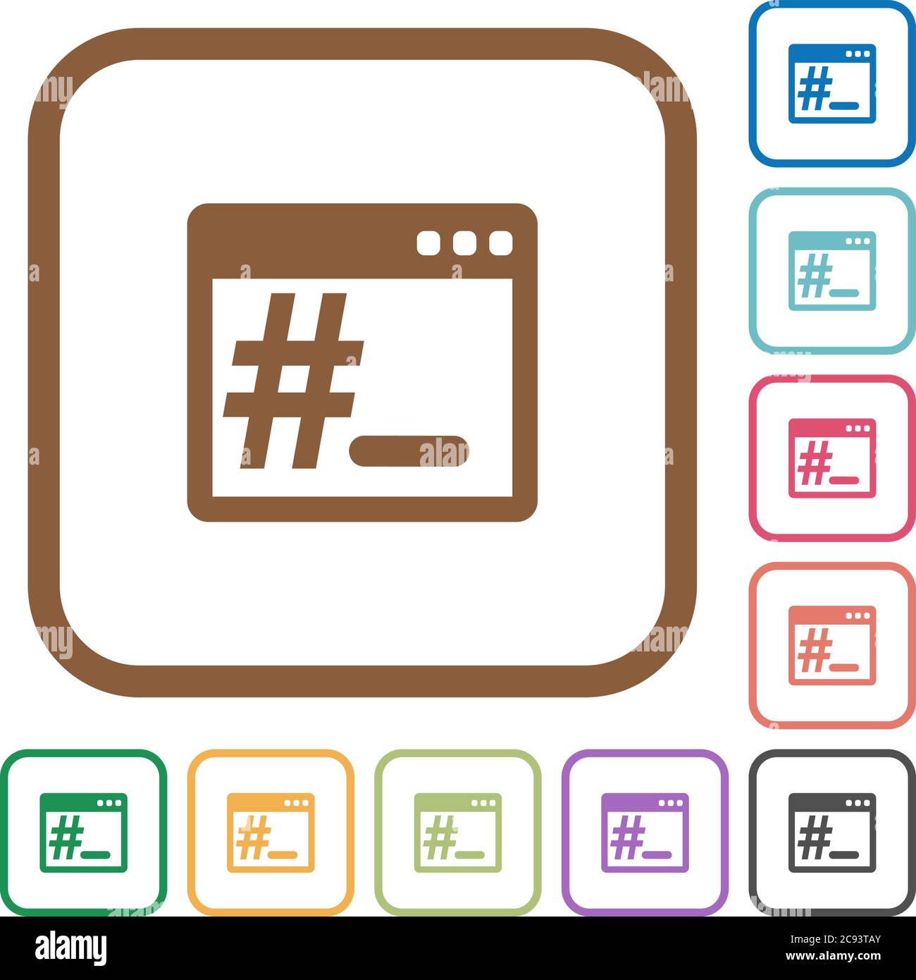 OS root terminal simple icons in color rounded square frames on white background Stock Vector