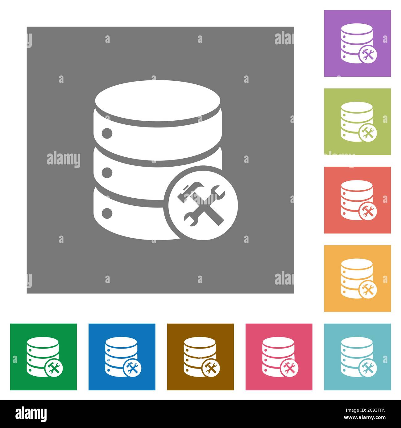Database maintenance flat icons on simple color square backgrounds Stock Vector