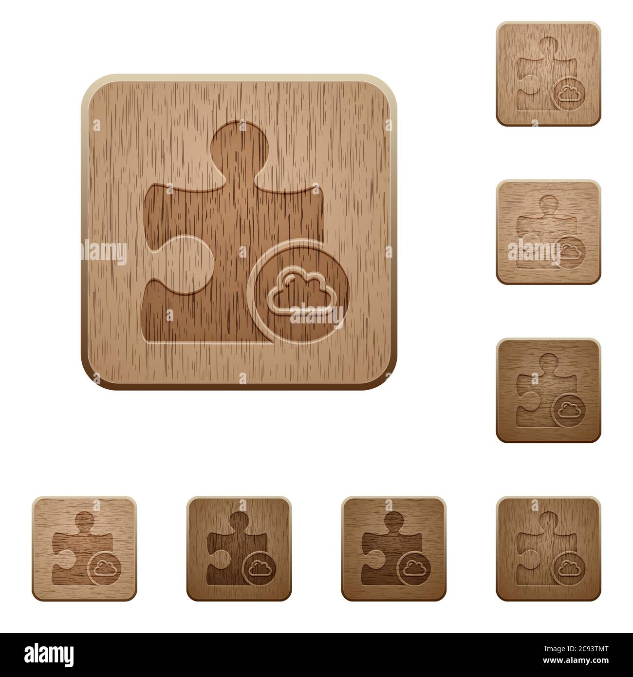 Cloud plugin on rounded square carved wooden button styles Stock Vector