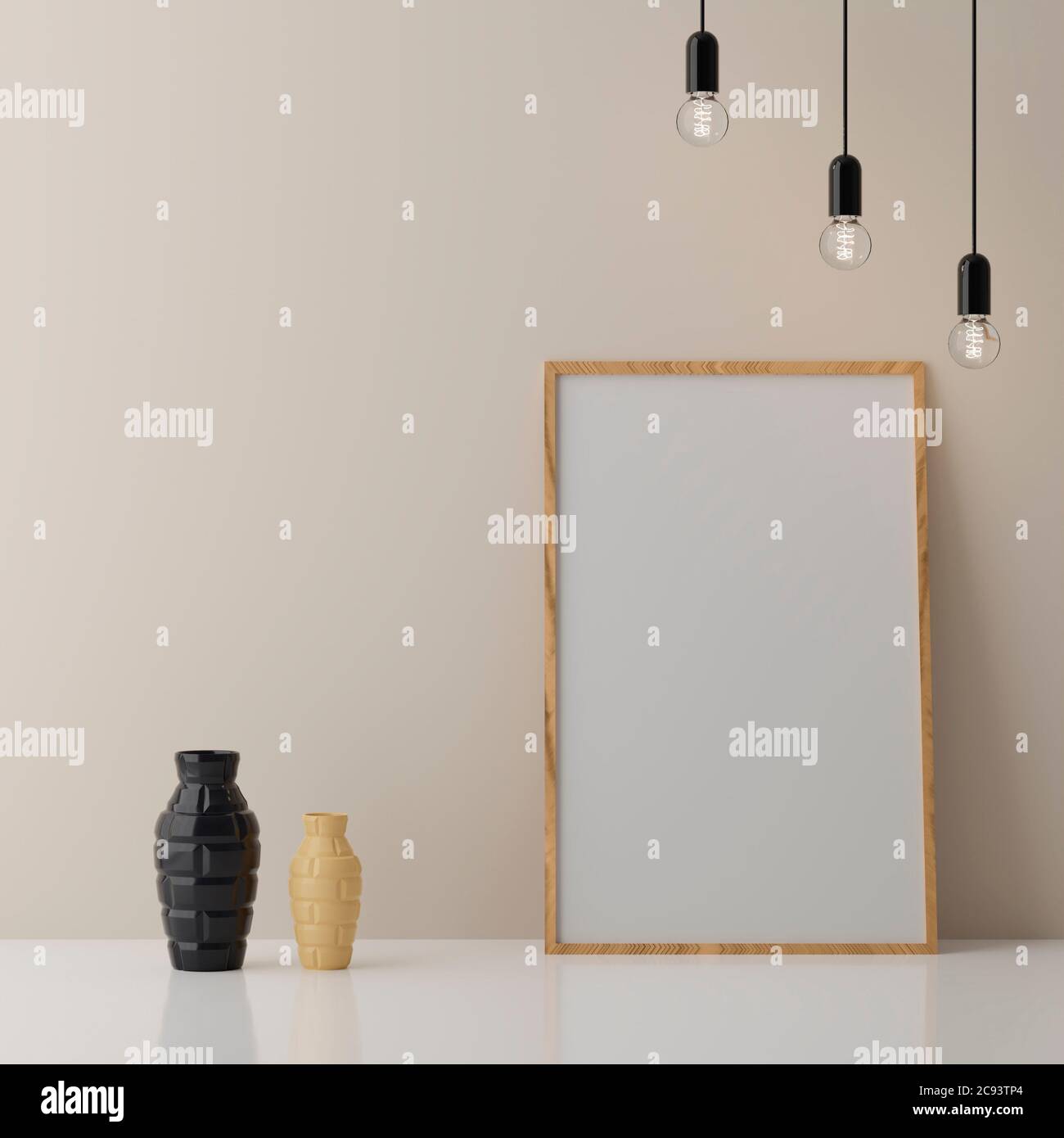 Blank vertical poster frame mock up standing on beige floor. One wooden frame isolated in Scandinavian interior. 3d render Stock Photo