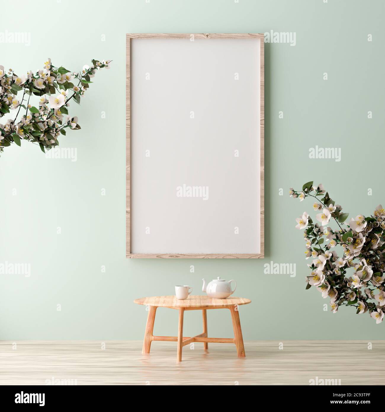 Blank vertical poster frame mock up standing on Green wall. One wooden frame isolated in Scandinavian interior. 3d rendering Stock Photo