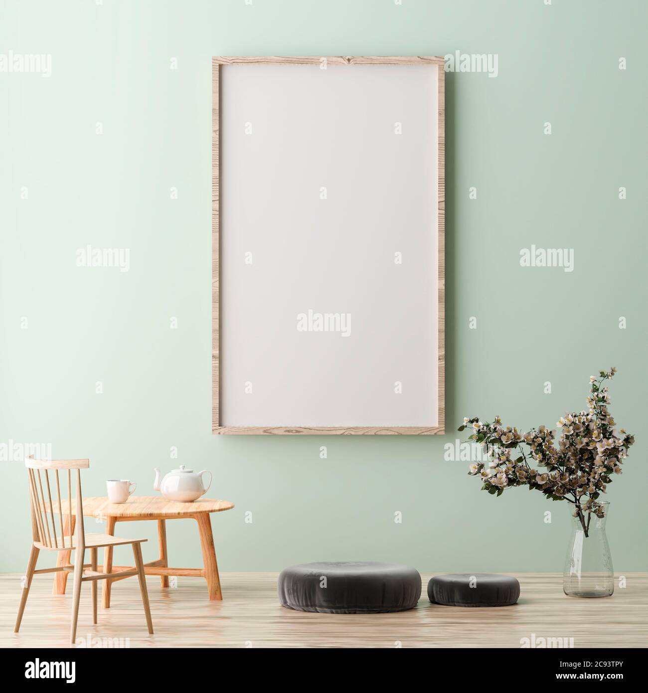 Blank vertical poster frame mock up standing on green wall. One wooden frame isolated in Scandinavian interior. 3d rendering Stock Photo