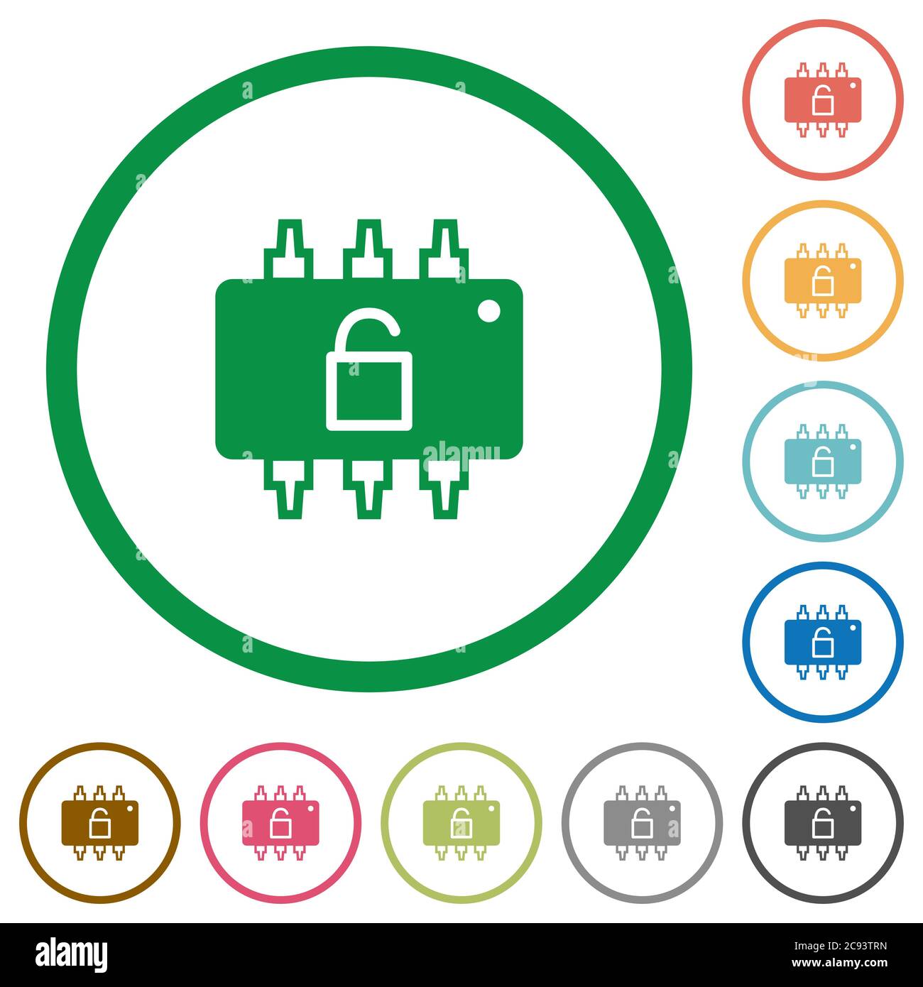 Hardware unlocked flat color icons in round outlines on white ...