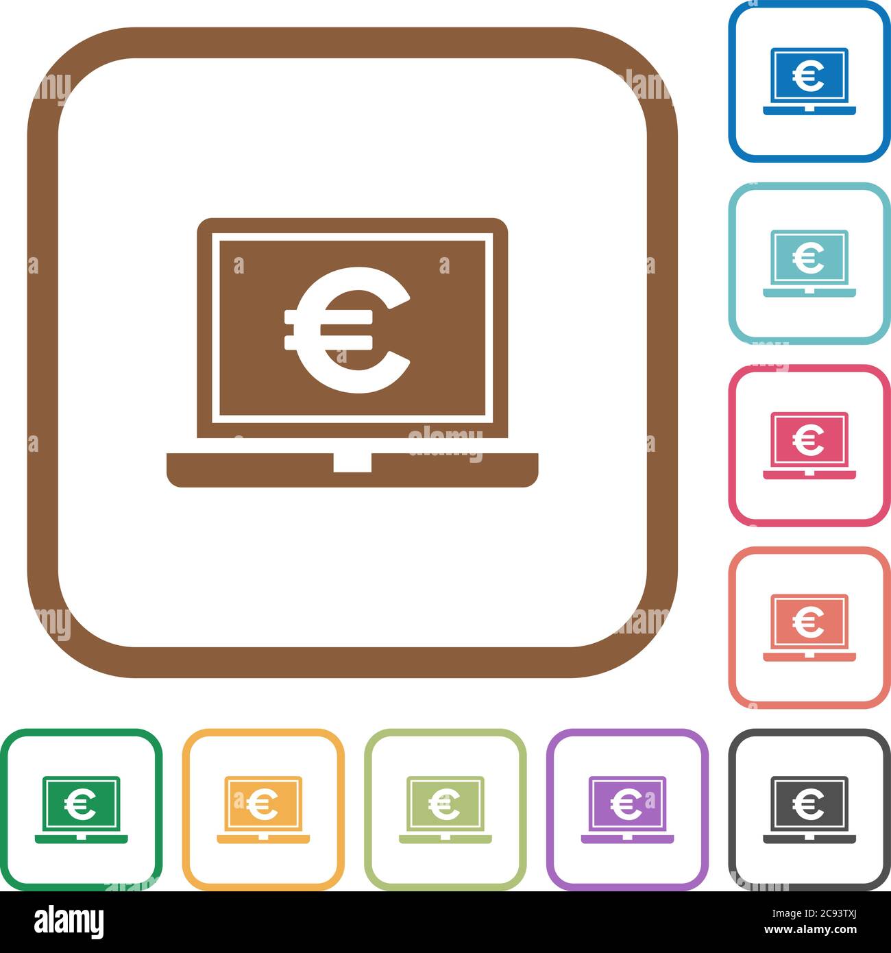Laptop with Euro sign simple icons in color rounded square frames on ...