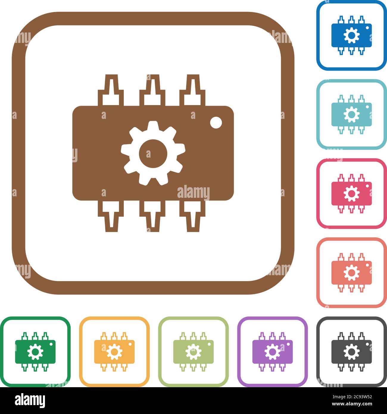 Hardware settings simple icons in color rounded square frames on white ...