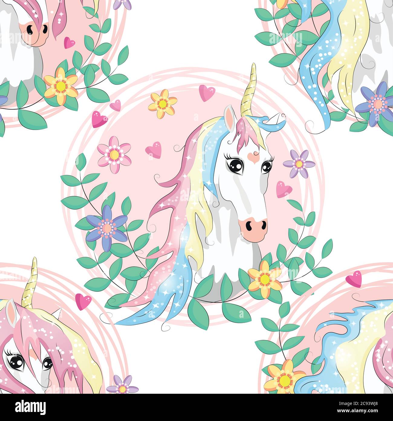 seamless pattern with cute unicorns, clouds,rainbow and stars. Magic ...