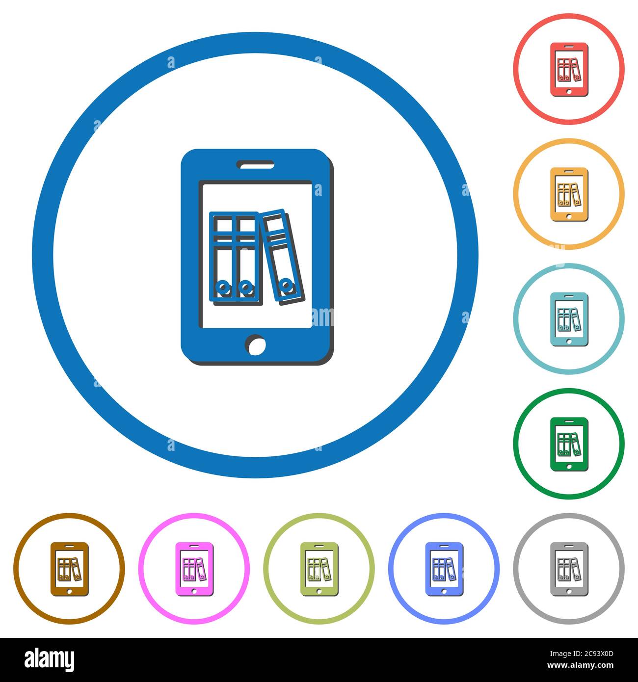 Mobile office flat color vector icons with shadows in round outlines on ...