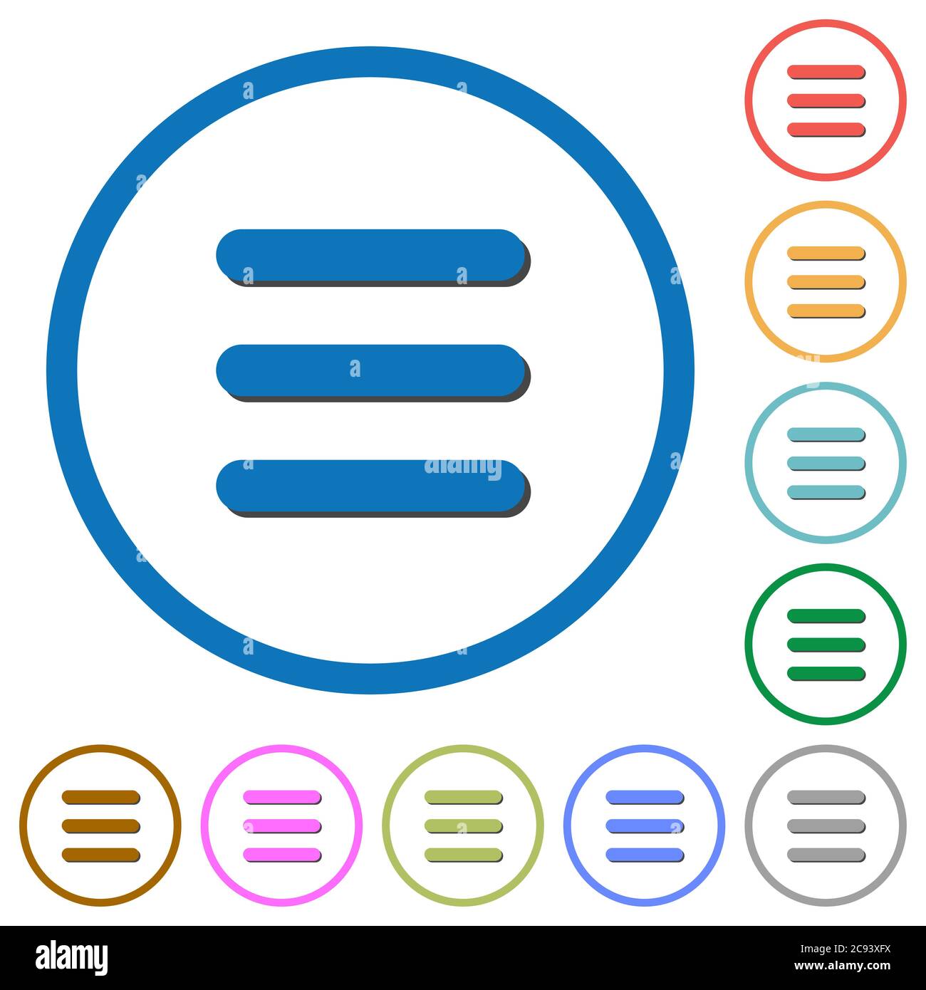 Menu flat color vector icons with shadows in round outlines on white ...