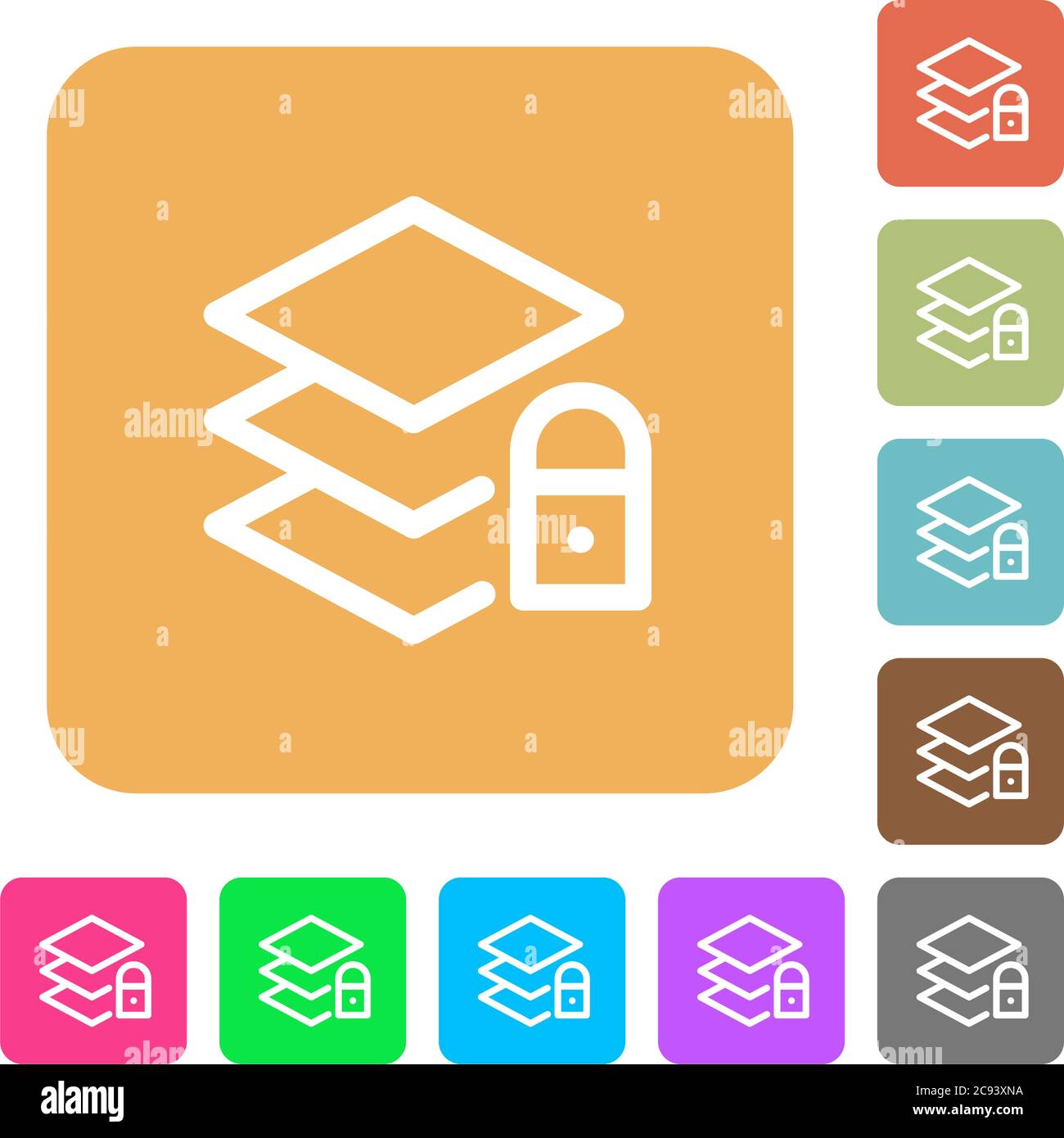 Locked layers flat icons on rounded square vivid color backgrounds. Stock Vector