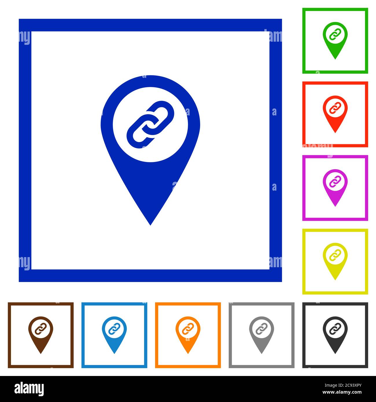 GPS map location attachment flat color icons in square frames on white ...