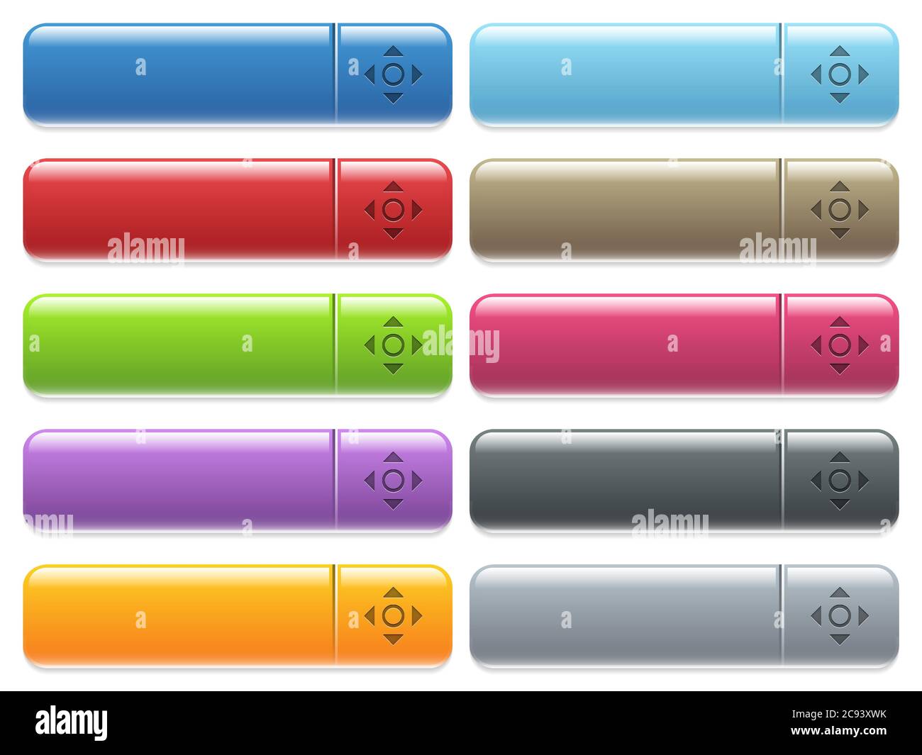 Scroll engraved style icons on long, rectangular, glossy color menu buttons. Available copyspaces for menu captions. Stock Vector