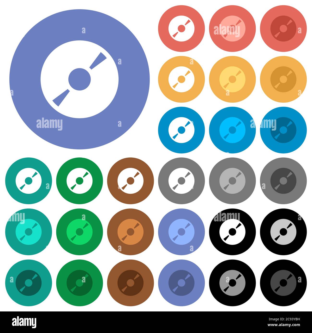DVD disk multi colored flat icons on round backgrounds. Included white, light and dark icon variations for hover and active status effects, and bonus Stock Vector