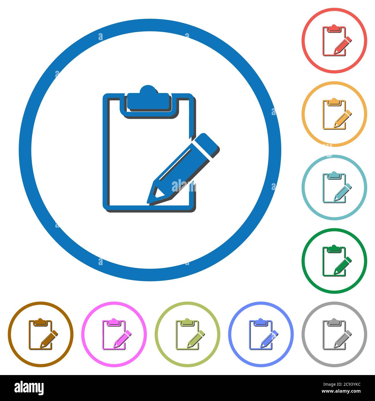 Blank notepad with pencil flat color vector icons with shadows in round ...