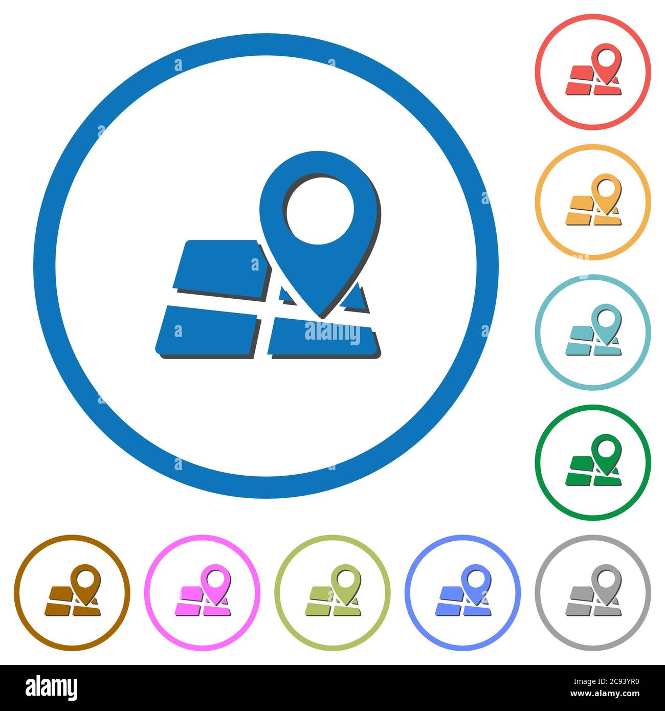 Location pin on map flat color vector icons with shadows in round ...