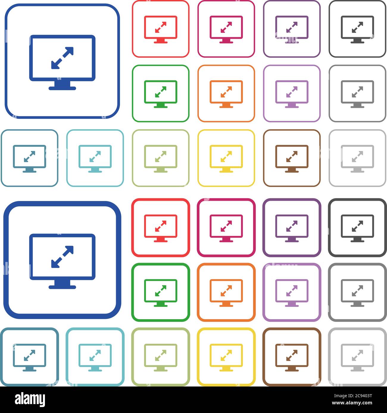 Adjust screen resolution color flat icons in rounded square frames. Thin and thick versions included. Stock Vector