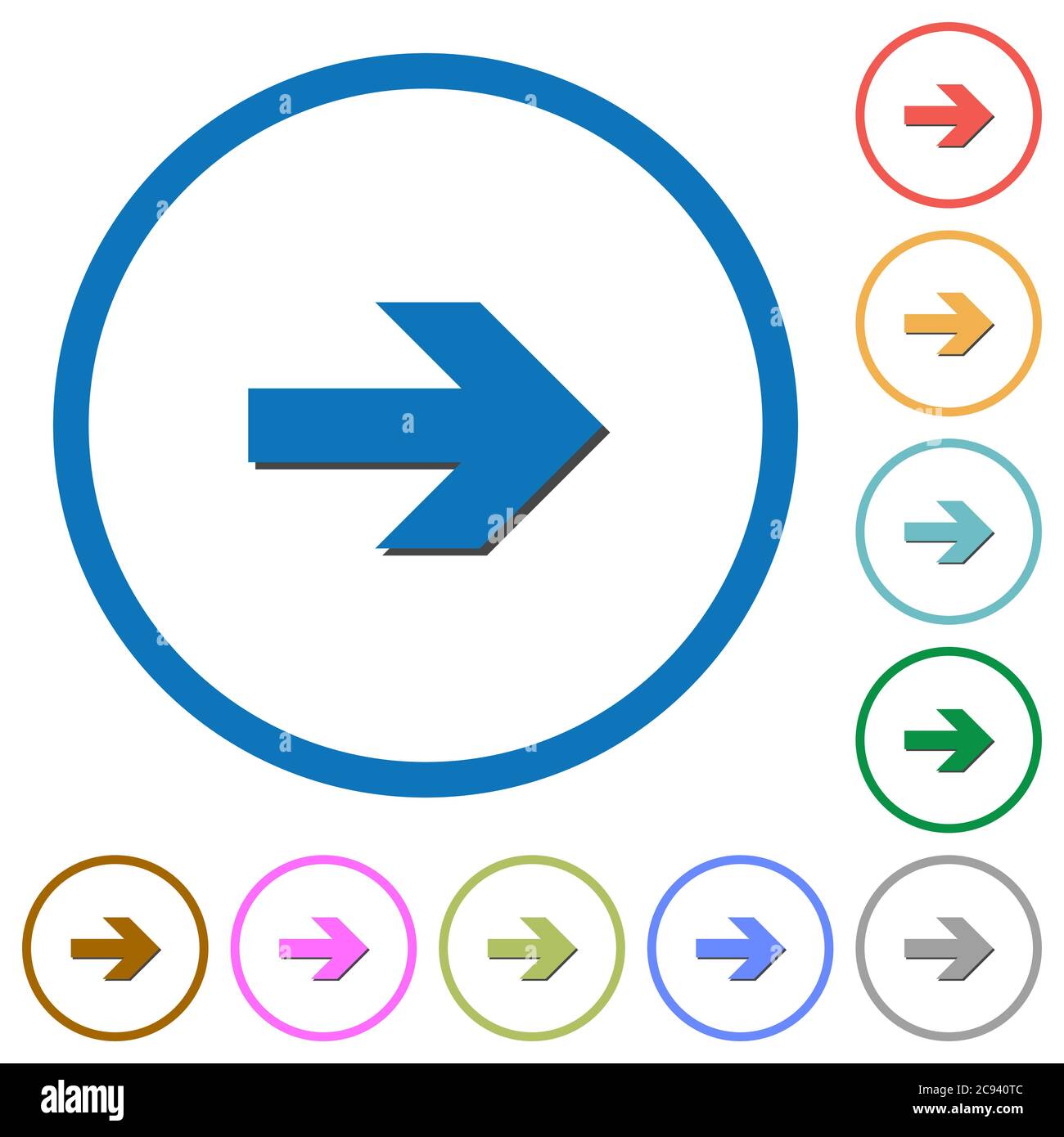 Right arrow flat color vector icons with shadows in round outlines on ...