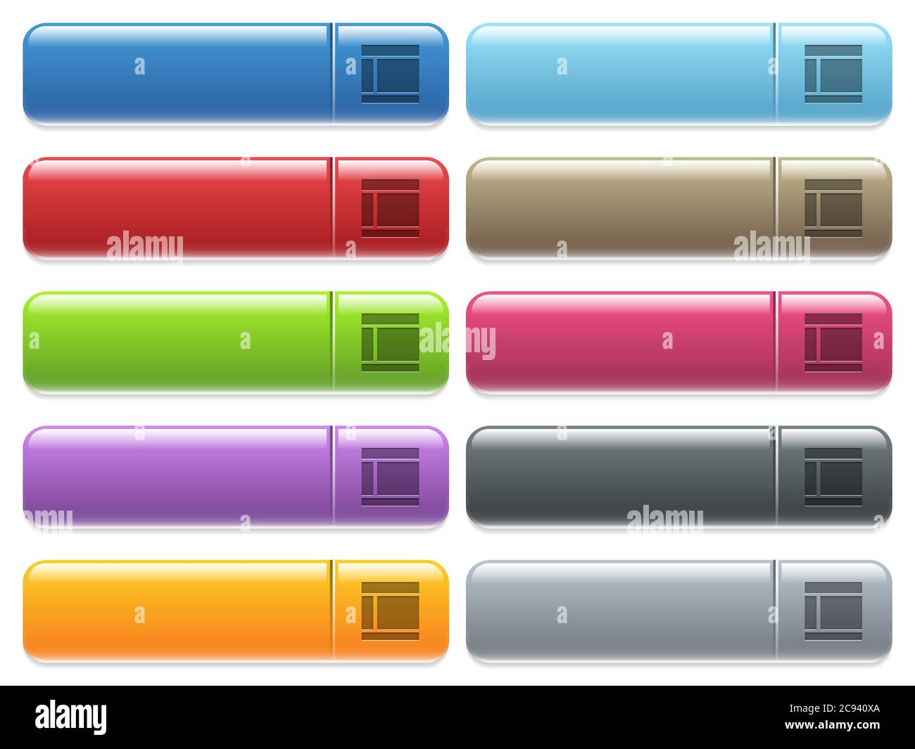 Two columned web layout engraved style icons on long, rectangular, glossy color menu buttons. Available copyspaces for menu captions. Stock Vector
