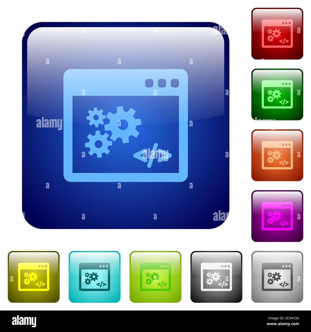 Application programming interface icons in rounded square color glossy button set Stock Vector