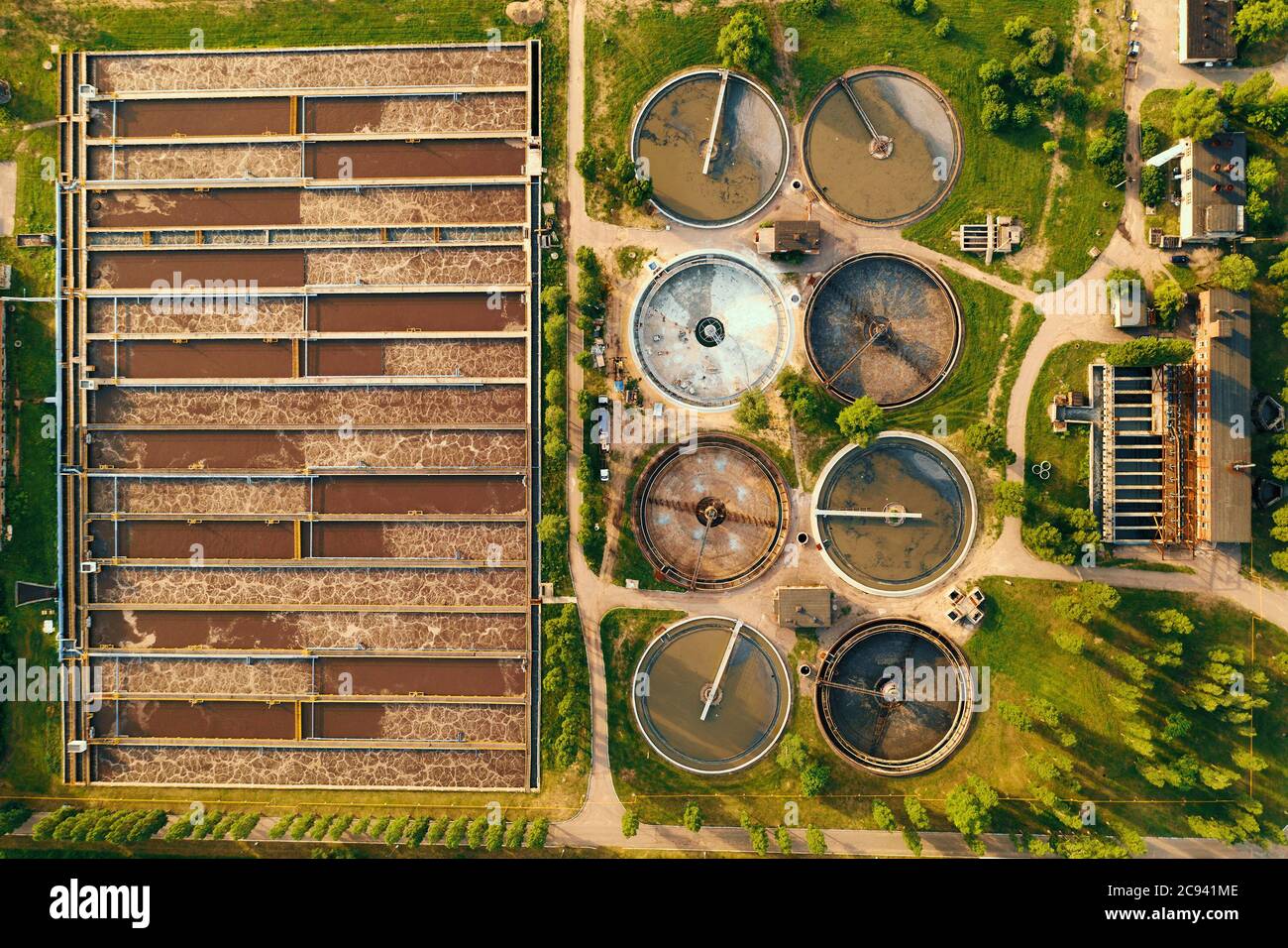 Aerial view of modern industrial sewage treatment plant. Stock Photo