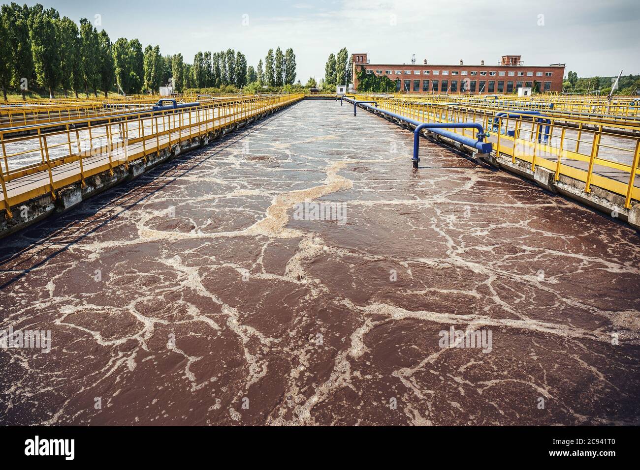 Water treatment tank with waste water, aeration process. Stock Photo