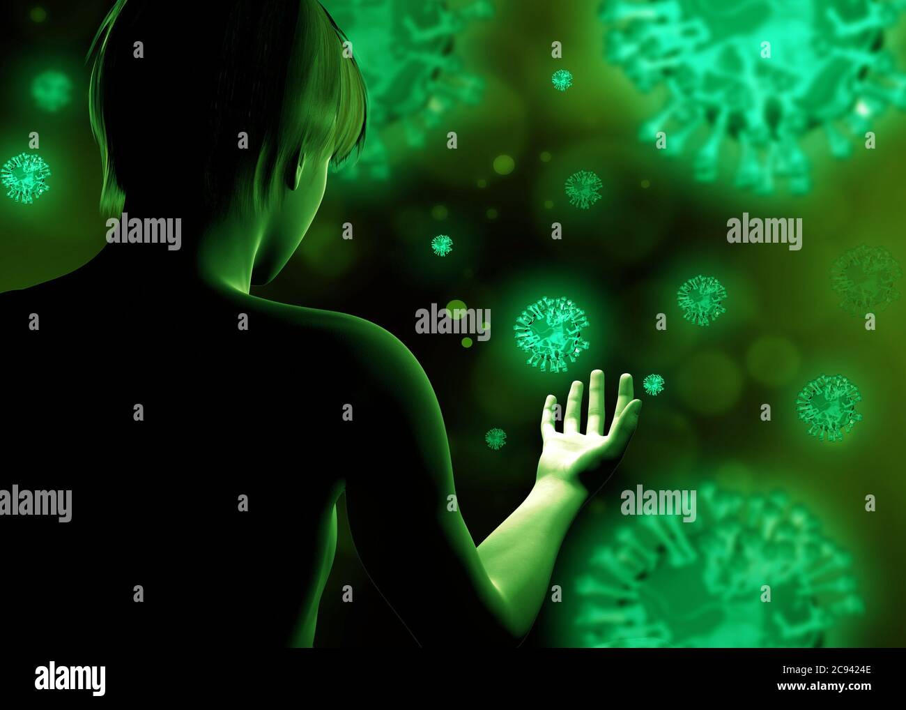 Boy and Dangerous Virus in the Air - 3D Stock Photo