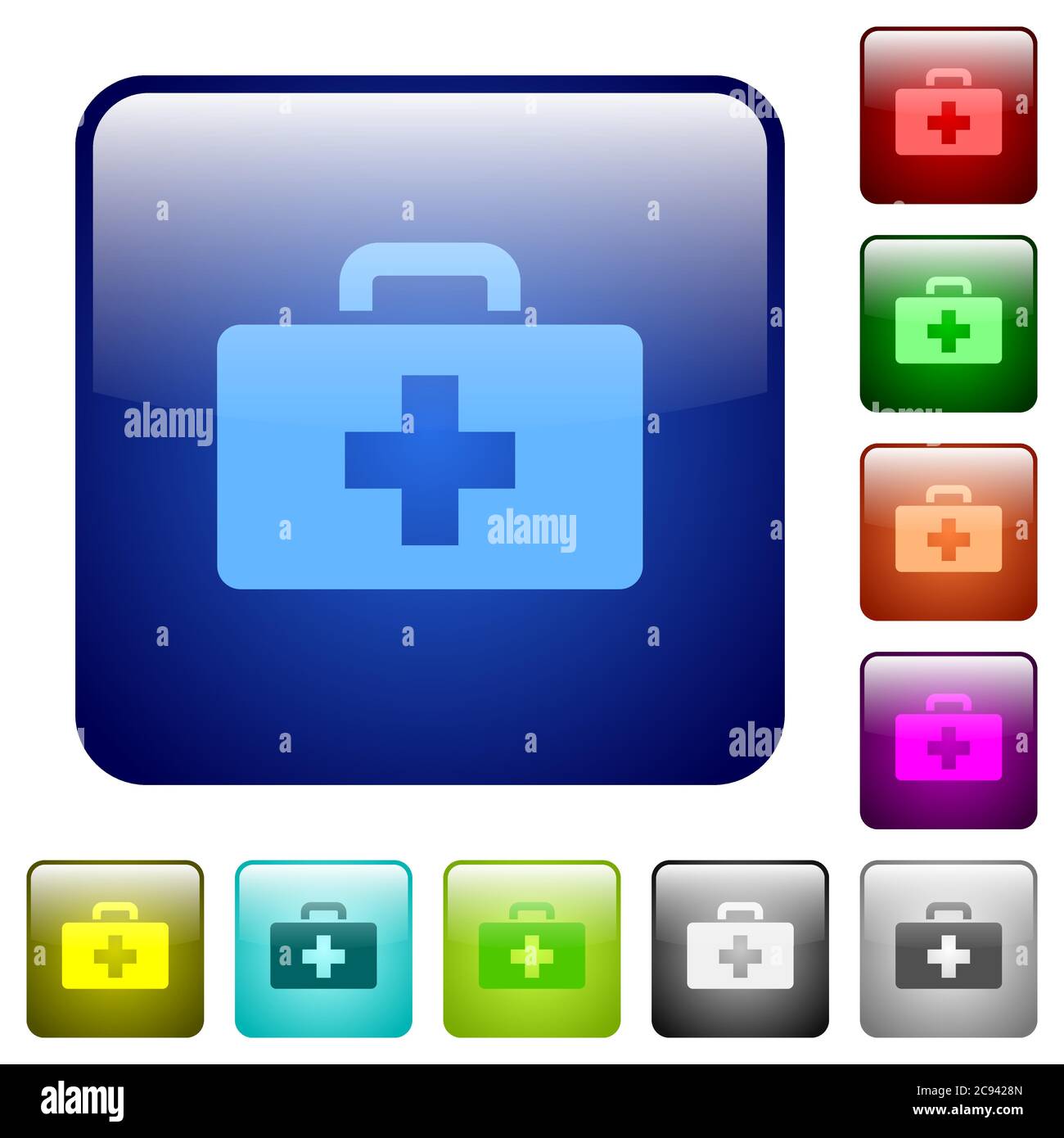 First aid kit icons in rounded square color glossy button set Stock ...