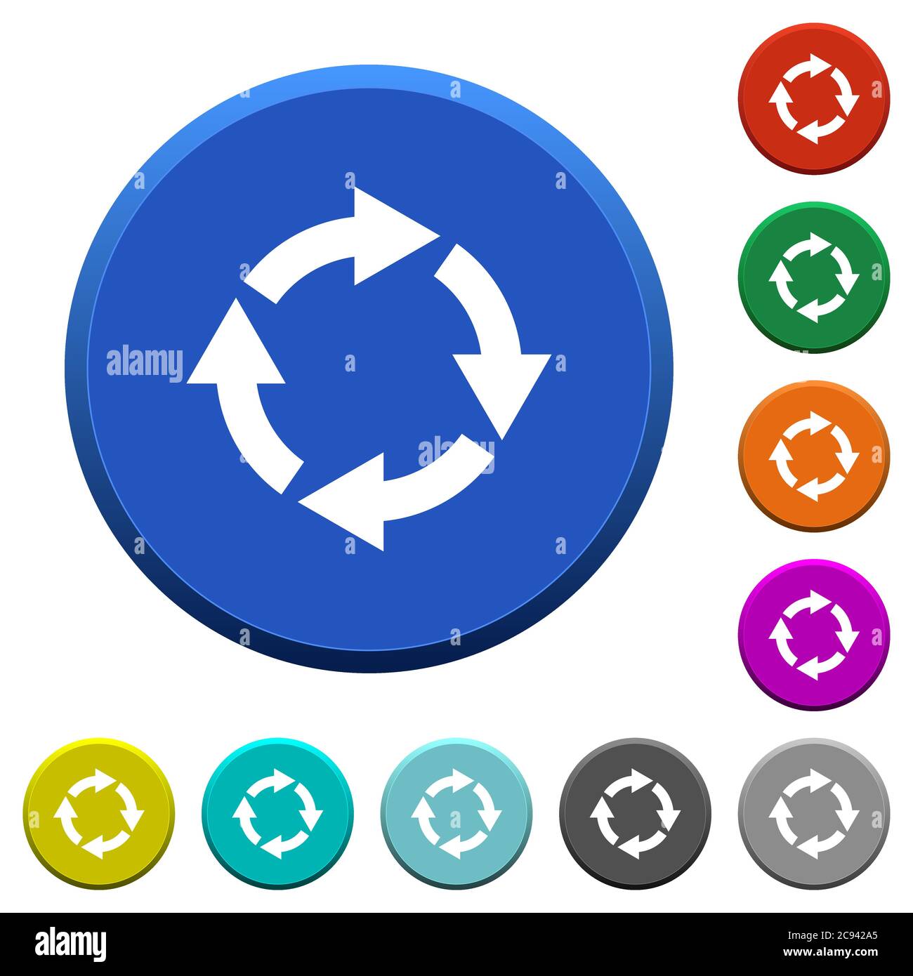 Rotate right round color beveled buttons with smooth surfaces and flat white icons Stock Vector